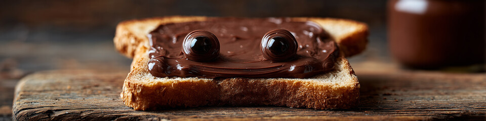 Extreme Close-Up of a Smiling Toast with Smooth Chocolate Spread on a Rustic Wooden Cutting Board and Wooden Table in Warm Breakfast Lighting. Humorous and Gourmet Concept. Generative Ai.