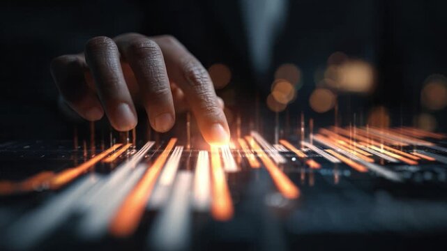 Decoding Digital Symphony: A hand gracefully interacts with a vibrant, illuminated digital interface, exploring the intricate patterns and flows of information in a futuristic digital environment.