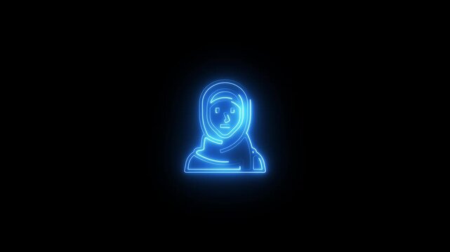 Glowing blue neon outline of a woman wearing a hijab and modest clothing on a black background digital art animation abstract concept