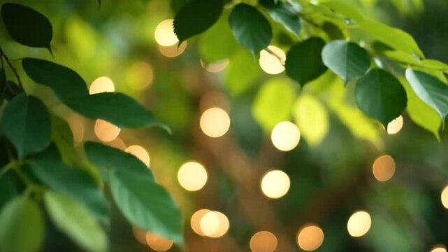 Green leaves with blurred, bright circular light highlights in a natural setting