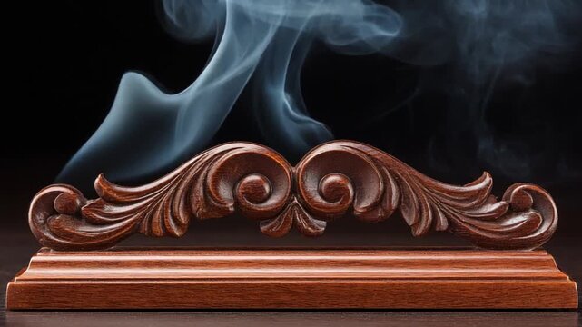 Intricately carved wooden scrollwork, highlighted by soft, swirling smoke against a dark background