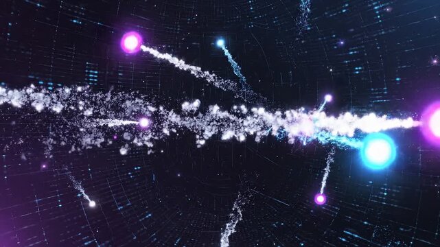 Abstract physics background with luminous particle trails, electromagnetic field lines, glowing orbs, and subtle digital grid patterns floating in a dark cosmic space.