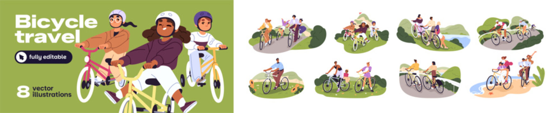 People are cycling set. Family travels in nature by bike. Kids ride bicycles in recreational park. Cyclists race and do sports outdoors. Flat isolated vector illustrations on white background