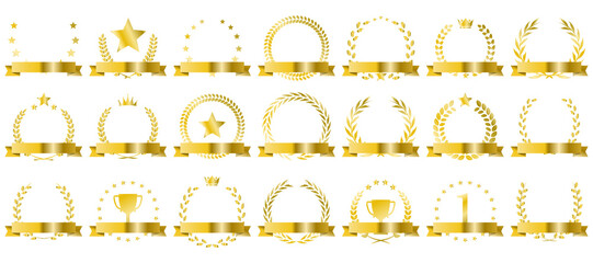 Golden laurel wreath emblem with elegant leaf branches ideal for winner awards, success badges, trophy icons and premium business logos
