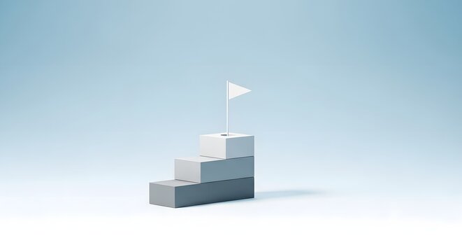 A small flag on top of a 3d staircase model against a blue background.