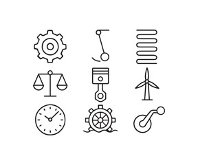 Fototapeta premium Mechanical Engineering and Power Generation Icons Black Line Art Set