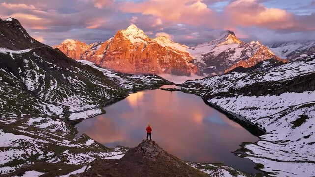 Aerial view of a person standing near a tranquil lake, surrounded by snow-dusted mountains, reflecting the soft hues of the sky, Grindelwald, Canton of Bern, Switzerland.