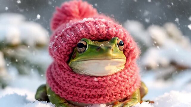Frog in a knitted pink hat and scarf on a snowy ground, expressing winter animal cuteness and cold weather concept