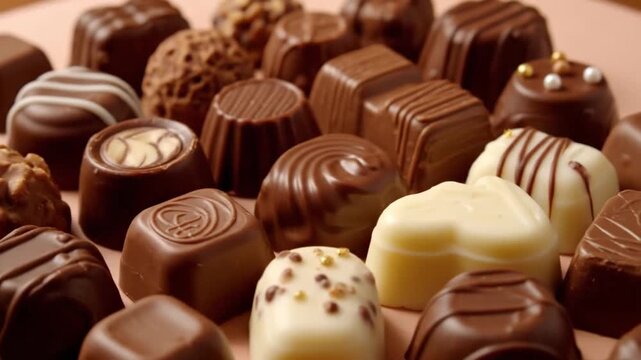Chocolate candy collection with various shapes and toppings. Assorted praline and truffle sweets for confectionery and dessert