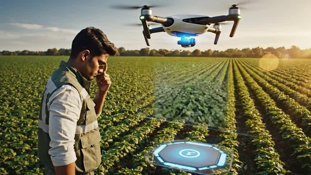 A man in a field uses a futuristic interface to monitor crops, while a drone hovers above