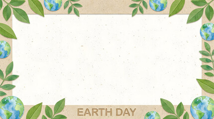Earth day border with green leaves and globes planet