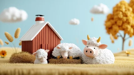 Poster Boerderij Farm scene framed by happy farm animals in cartoon style.  © cloud7days