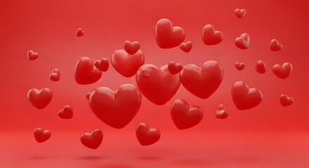 Floating hearts suspended in a vibrant and warm red space