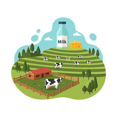 Cartoon Cow Farm Scene with Milk Bottle. © mbak
