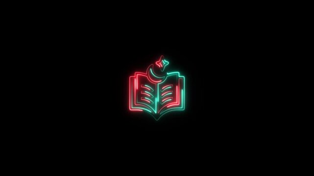 Neon glowing open book with star symbol on black background abstract knowledge learning education concept digital animation