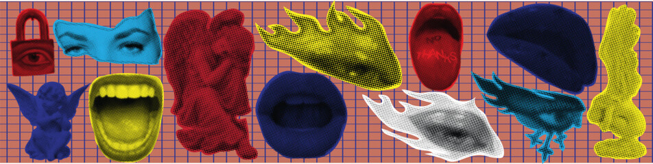 Trendy Halftone Surreal Collage Objects and Symbolic Motifs in Abstract Style