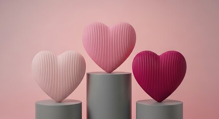 Three stylishly striped hearts standing on geometric pedestals against a pastel background