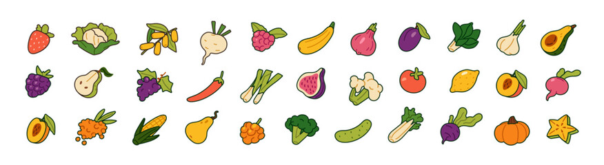 Natural fruit and vegetables set. Different agricultural crops: avocado, cabbage, pumpkin, tomato. Farm food, berries and tropical harvest. Flat isolated vector illustrations on white background © Paper Trident