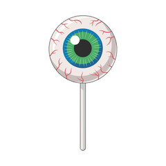 Glossy vector lollipop with realistic eyeball design on light background &ndash; Ideal for Halloween candy packaging, spooky party favors, or horror-themed food graphics.