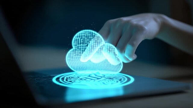 Digital Cloud Technology: A hand interacts with a holographic cloud icon, representing the dynamic integration of digital data, technology, and futuristic concepts.