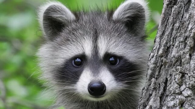 Curious raccoon peeks from behind a tree in nature