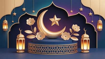 Modern Ramadan Kareem podium design with golden moon, star, flowers and lanterns. Raya and ramadan template design for poster, banner and greeting cards.