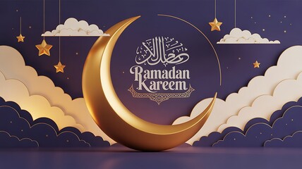 Ramadan Kareem Concept Banner or Voucher Template with 3d Gold Moon, Paper cut Clouds and Stars on Night Sky Violet Background. Vector illustration for greeting card, poste