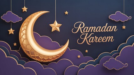 Ramadan Kareem Concept Banner or Voucher Template with 3d Gold Moon, Paper cut Clouds and Stars on Night Sky Violet Background. Vector illustration for greeting card, poste