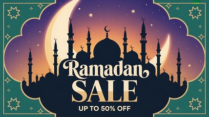  Ramadan sale advertisement with mosque and crescent moon.