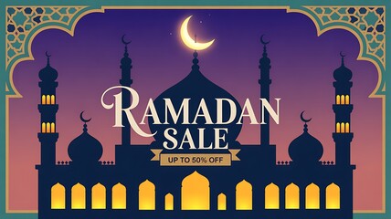  Ramadan sale advertisement with mosque and crescent moon.