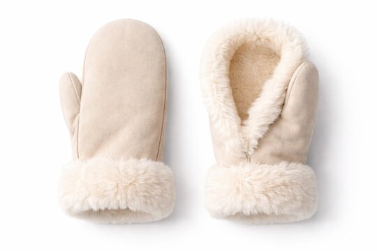Fluffy faux fur lined mittens showing plush inner lining and cuff thickness top down flat lay high key studio isolated on white