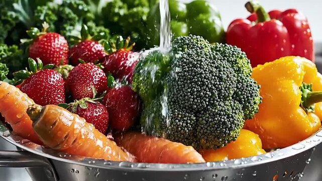 Freshly washed vibrant fruits and vegetables like strawberries, broccoli, and bell peppers, being rinsed under running water for healthy and clean meal preparation