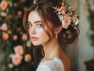 Naklejka premium A woman wears a floral hair accessory while standing in front of a blurred floral background.