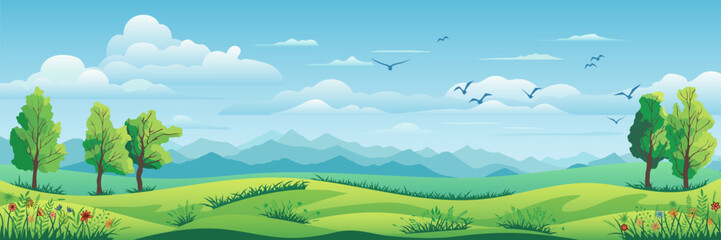 Obraz premium View of summer landscape, spring hills, green meadows and hills, bird flock, vector illustration