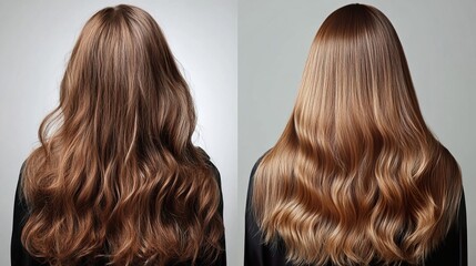 Fototapeta premium A dramatic before-and-after transformation of damaged, frizzy hair into silky smooth, healthy locks, high contrast, ultra-detailed, professional salon setting.