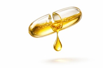 Transparent softgel capsule cut open with vitamin oil drop pooling and falling clean supplement ingredient macro closeup high key studio isolated on white