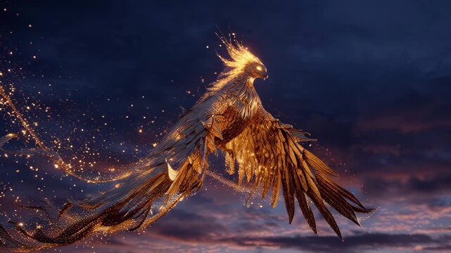 Majestic Fiery Phoenix Soaring Through Twilight Sky.