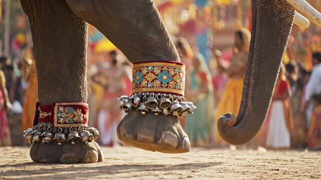Close up view of decorated elephant legs adorned with bells and colorful bangles in a vibrant festival procession with blurred people in traditional attire walking in the background under warm