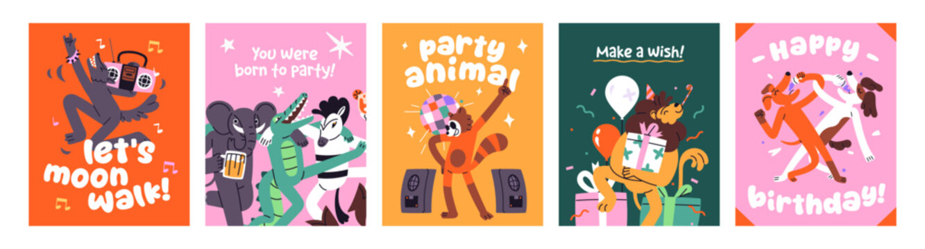 Design of greeting cards with happy animals set. Festive templates with characters celebrating holidays. Postcards with dancing party, birthday and Christmas on layouts. Flat vector illustrations
