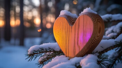 Wooden handmade heart in winter nature wit colorful pleasure colors of sunset light - valentine love wallpaper with space for your montage