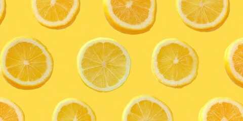 Fototapeta premium Fresh lemon slices on vibrant yellow background creating a citrus pattern