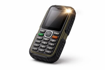 Rugged button phone with oversized tactile rubber keys and built in torch lens softly glowing outdoor safety concept high key studio isolated on white