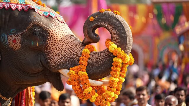 Majestic Elephant Adorned With Colorful Garlands And Intricate Headpiece Participates In A Vibrant Festival Celebration With A Crowd Of People Watching In The Warm Daytime Sunlight