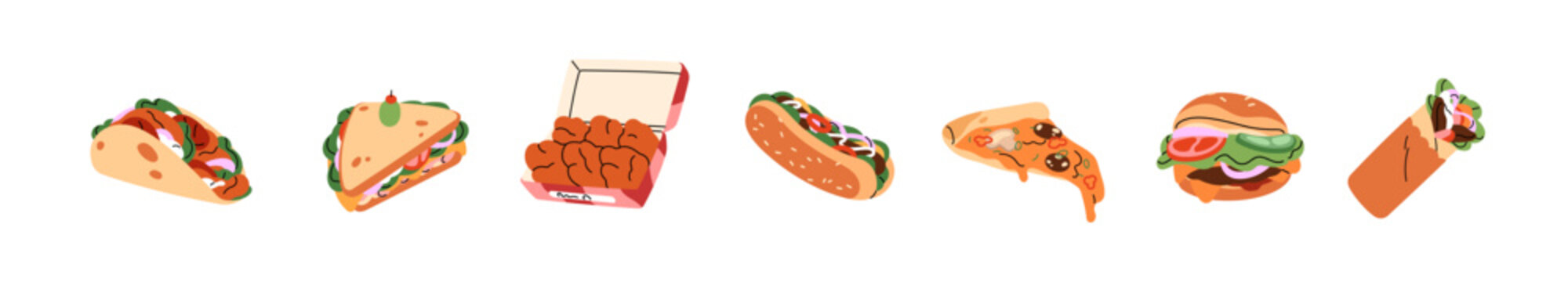 Different fast food set. Various fastfood: pita, sandwich, chicken nuggets, hot dog, slice of pizza, burger and shawarma. Tasty eating. Flat isolated vector illustrations on white background