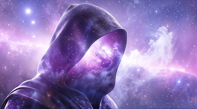 A hooded figure with a galaxy-inspired cloak standing against a vibrant, starry purple and pink cosmic background with bright lights and nebulae.