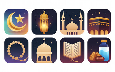 Luxury Ramadan icon set, elegant Islamic symbols, gold crescent, glowing lantern, detailed mosque, Kaaba icon, tasbih beads, Quran, iftar food, flat design with subtle gradient, deep blue and gold pal