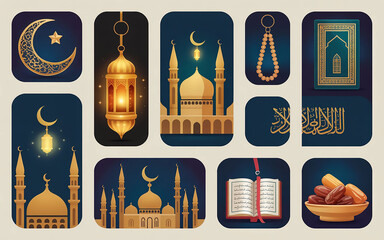 Luxury Ramadan icon set, elegant Islamic symbols, gold crescent, glowing lantern, detailed mosque, Kaaba icon, tasbih beads, Quran, iftar food, flat design with subtle gradient, deep blue and gold pal