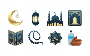 Luxury Ramadan icon set, elegant Islamic symbols, gold crescent, glowing lantern, detailed mosque, Kaaba icon, tasbih beads, Quran, iftar food, flat design with subtle gradient, deep blue and gold pal