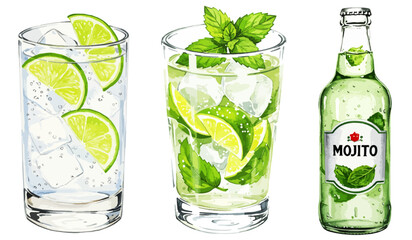 モヒートとライムのカクテルイラストセット｜ミント 炭酸 酒