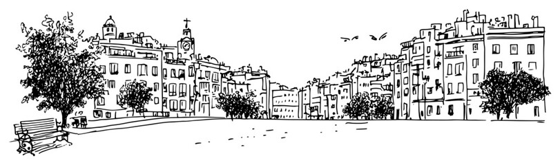 European city square street scene line art illustration – urban plaza architecture vector graphic © Tomas
